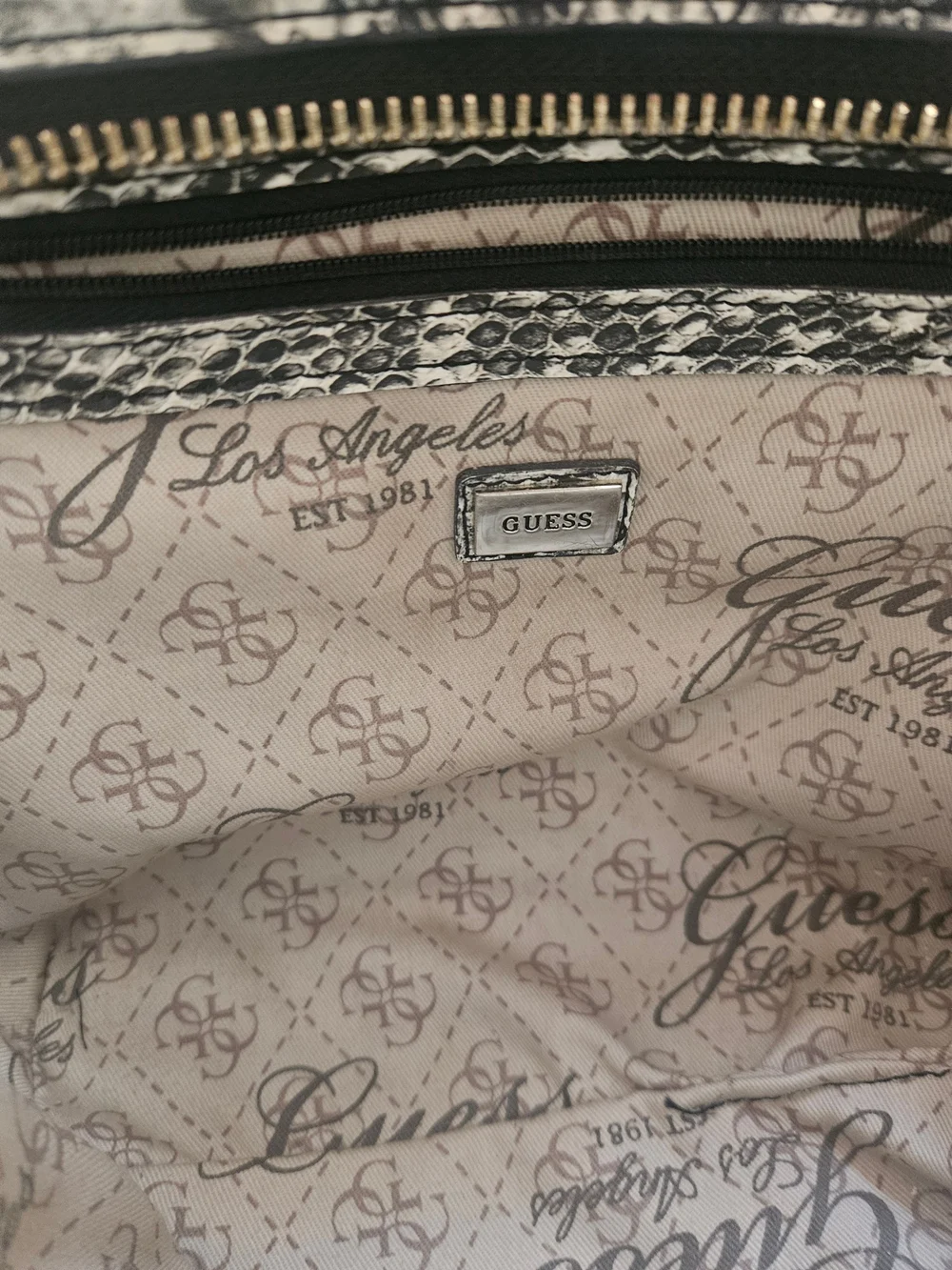 Guess Snake-Print Satchel in White and Black